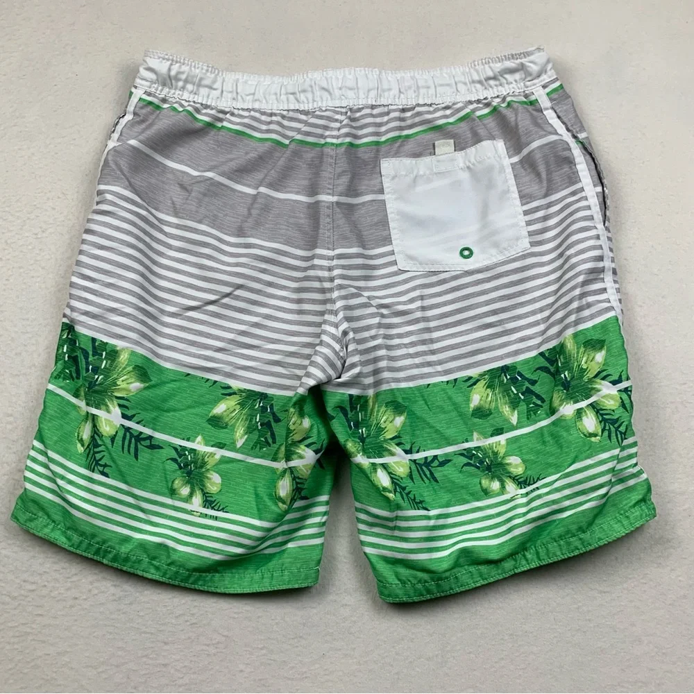 OP Ocean Pacific Swim Trunks Mens Large Gray‎ Green Floral Striped Polyester